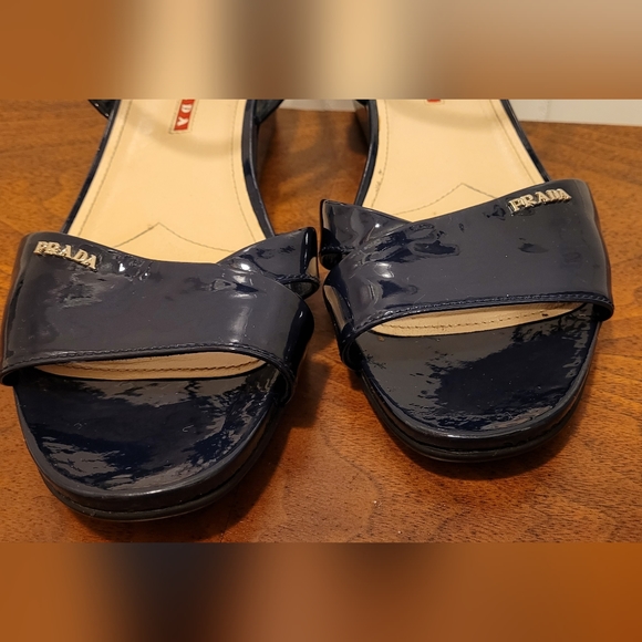 PRADA EUC Navy Blue Patent Leather Low Wedge Sandal Sz 38 1/2 - Picture 8 of 13